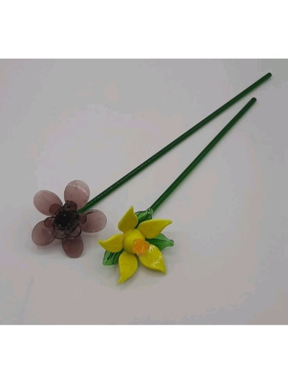 Murano Style Art Glass Purple Yellow Flowers 10 in Long Green Stem Set of 2